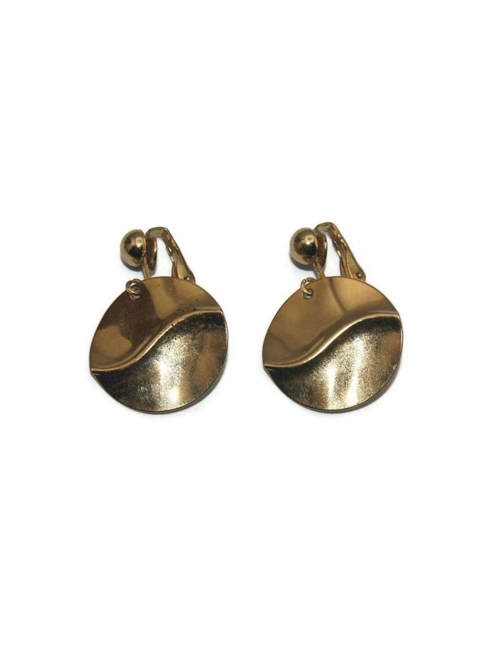 Vintage Gold Tone Round Dangle Clip on Earrings.